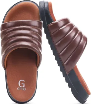 GPOS Womens Slides with Memory Foam Soft Cushioned Cozy House Slippers for Woman Comfy Open Toe Ladies Sandals Leather Slip on Bedroom Shoes Plantar Fasciitis Indoor Outdoor