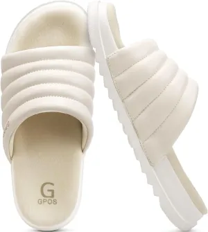 GPOS Womens Slides with Memory Foam Soft Cushioned Cozy House Slippers for Woman Comfy Open Toe Ladies Sandals Leather Slip on Bedroom Shoes Plantar Fasciitis Indoor Outdoor