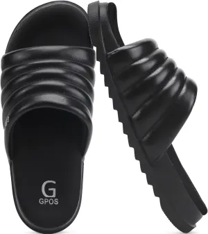 GPOS Womens Slides with Memory Foam Soft Cushioned Cozy House Slippers for Woman Comfy Open Toe Ladies Sandals Leather Slip on Bedroom Shoes Plantar Fasciitis Indoor Outdoor