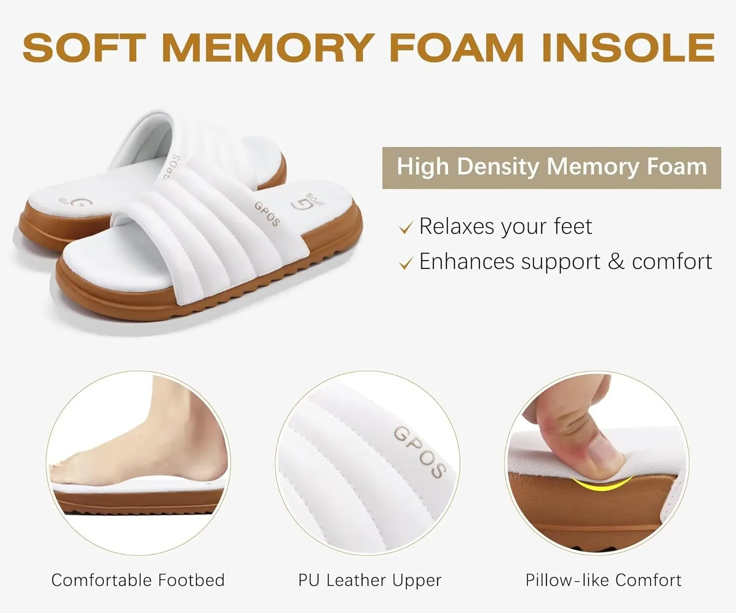 GPOS Womens Slides with Memory Foam Soft Cushioned Cozy House Slippers for Woman Comfy Open Toe Ladies Sandals Leather Slip on Bedroom Shoes Plantar Fasciitis Indoor Outdoor