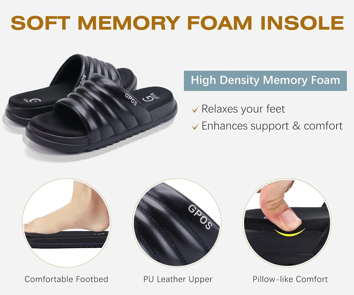 GPOS Womens Slides with Memory Foam Soft Cushioned Cozy House Slippers for Woman Comfy Open Toe Ladies Sandals Leather Slip on Bedroom Shoes Plantar Fasciitis Indoor Outdoor
