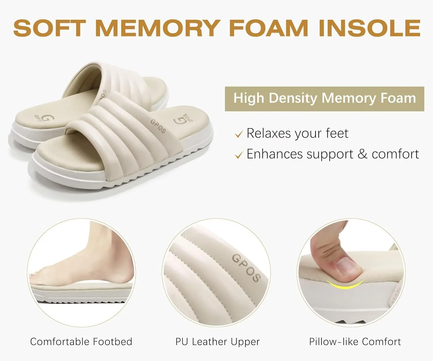 GPOS Womens Slides with Memory Foam Soft Cushioned Cozy House Slippers for Woman Comfy Open Toe Ladies Sandals Leather Slip on Bedroom Shoes Plantar Fasciitis Indoor Outdoor