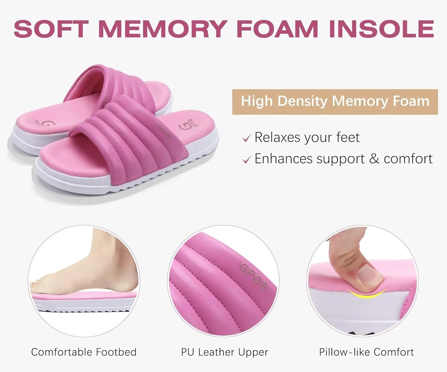 GPOS Womens Slides with Memory Foam Soft Cushioned Cozy House Slippers for Woman Comfy Open Toe Ladies Sandals Leather Slip on Bedroom Shoes Plantar Fasciitis Indoor Outdoor