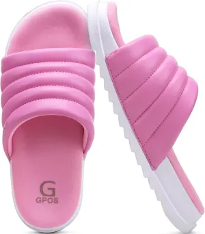 GPOS Womens Slides with Memory Foam Soft Cushioned Cozy House Slippers for Woman Comfy Open Toe Ladies Sandals Leather Slip on Bedroom Shoes Plantar Fasciitis Indoor Outdoor