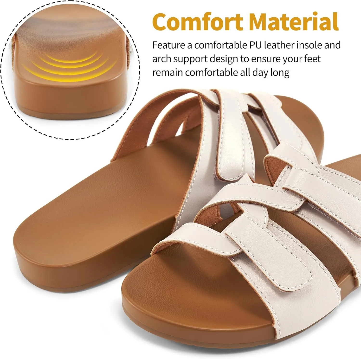 HARENCE Slides for Women Flat Sandals: Comfortable Flats with Adjustable Double Straps Womens Slip on Shoes for Summer Beach Walking