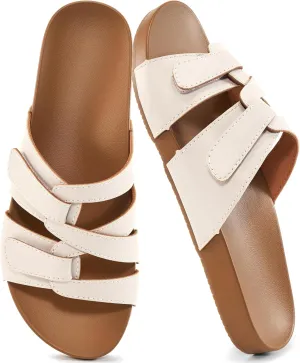 HARENCE Slides for Women Flat Sandals: Comfortable Flats with Adjustable Double Straps Womens Slip on Shoes for Summer Beach Walking