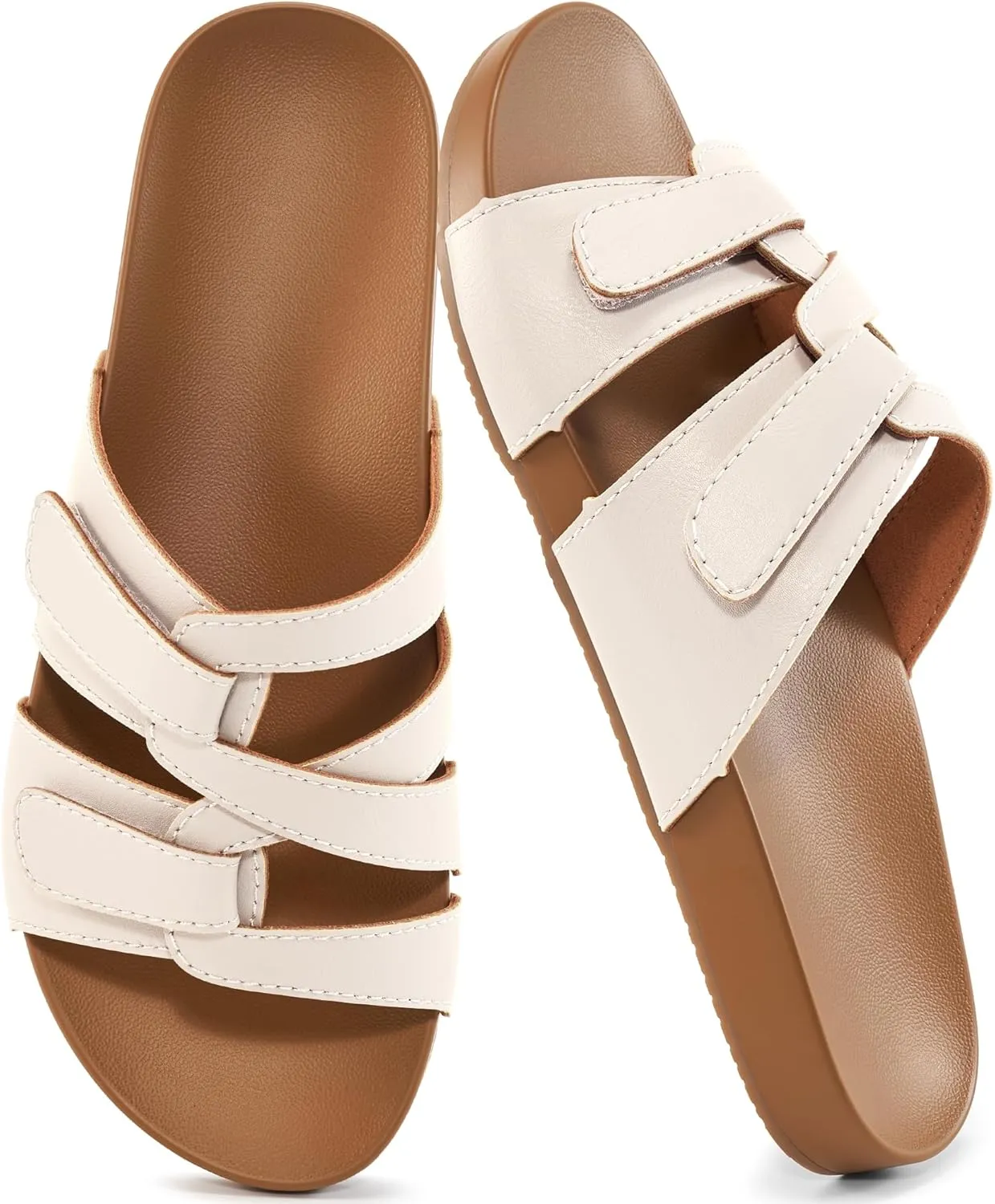 HARENCE Slides for Women Flat Sandals: Comfortable Flats with Adjustable Double Straps Womens Slip on Shoes for Summer Beach Walking