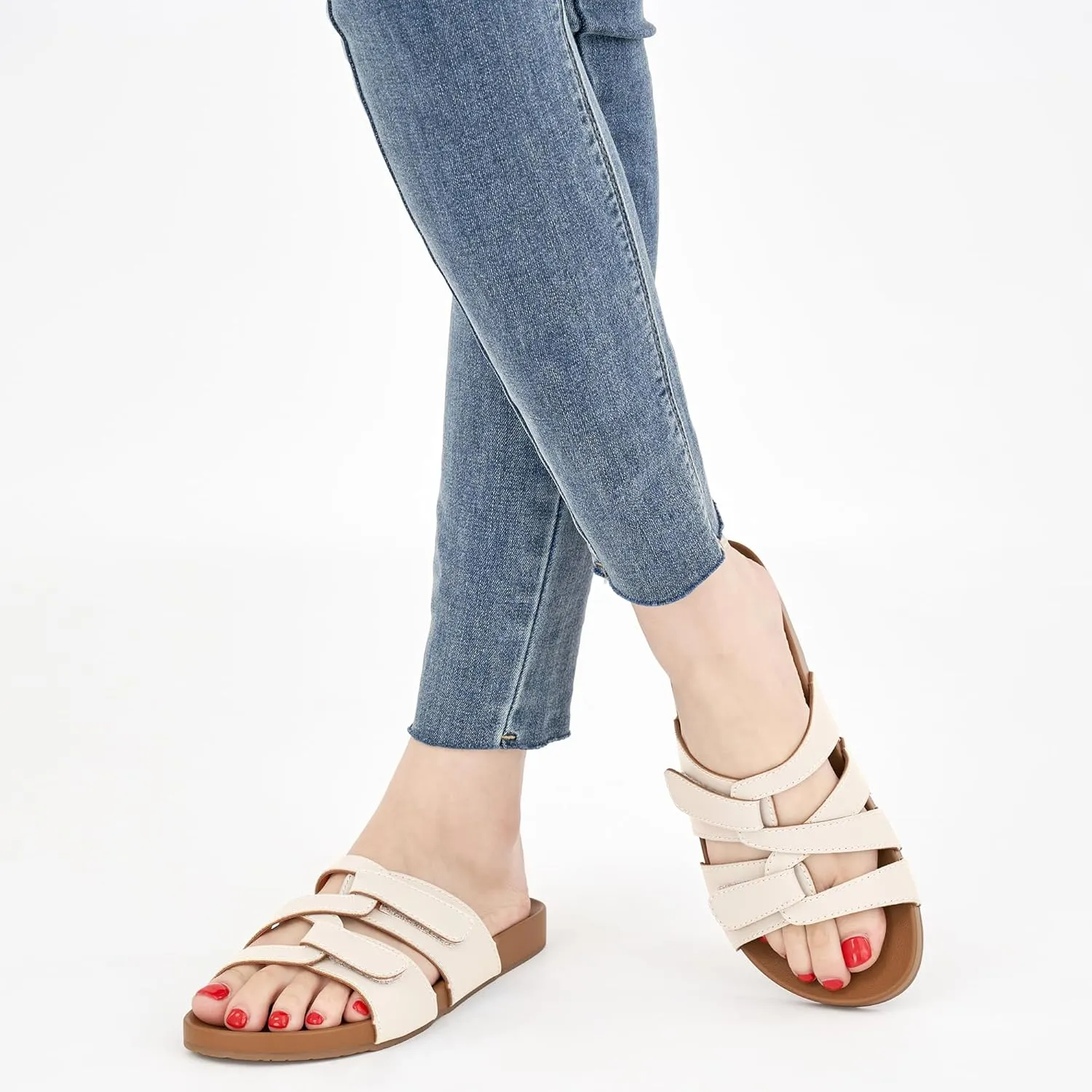 HARENCE Slides for Women Flat Sandals: Comfortable Flats with Adjustable Double Straps Womens Slip on Shoes for Summer Beach Walking
