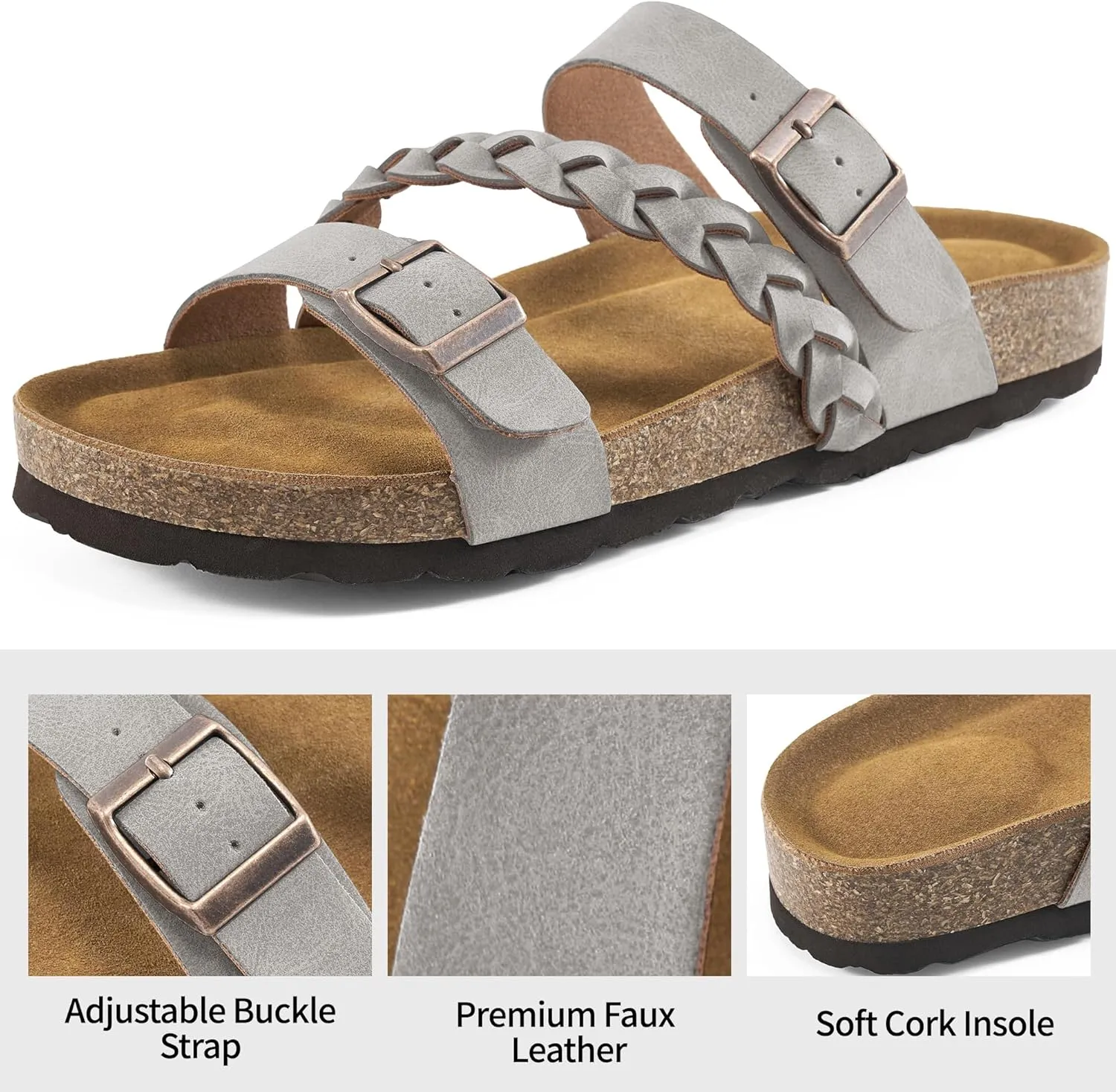 HARENCE Womens Flat Slides Sandals: Comfort Cork Footbed Slip On Slide Shoes Adjustable Buckle Open Toe Summer Outdoor Beach Sandal