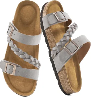 HARENCE Womens Flat Slides Sandals: Comfort Cork Footbed Slip On Slide Shoes Adjustable Buckle Open Toe Summer Outdoor Beach Sandal