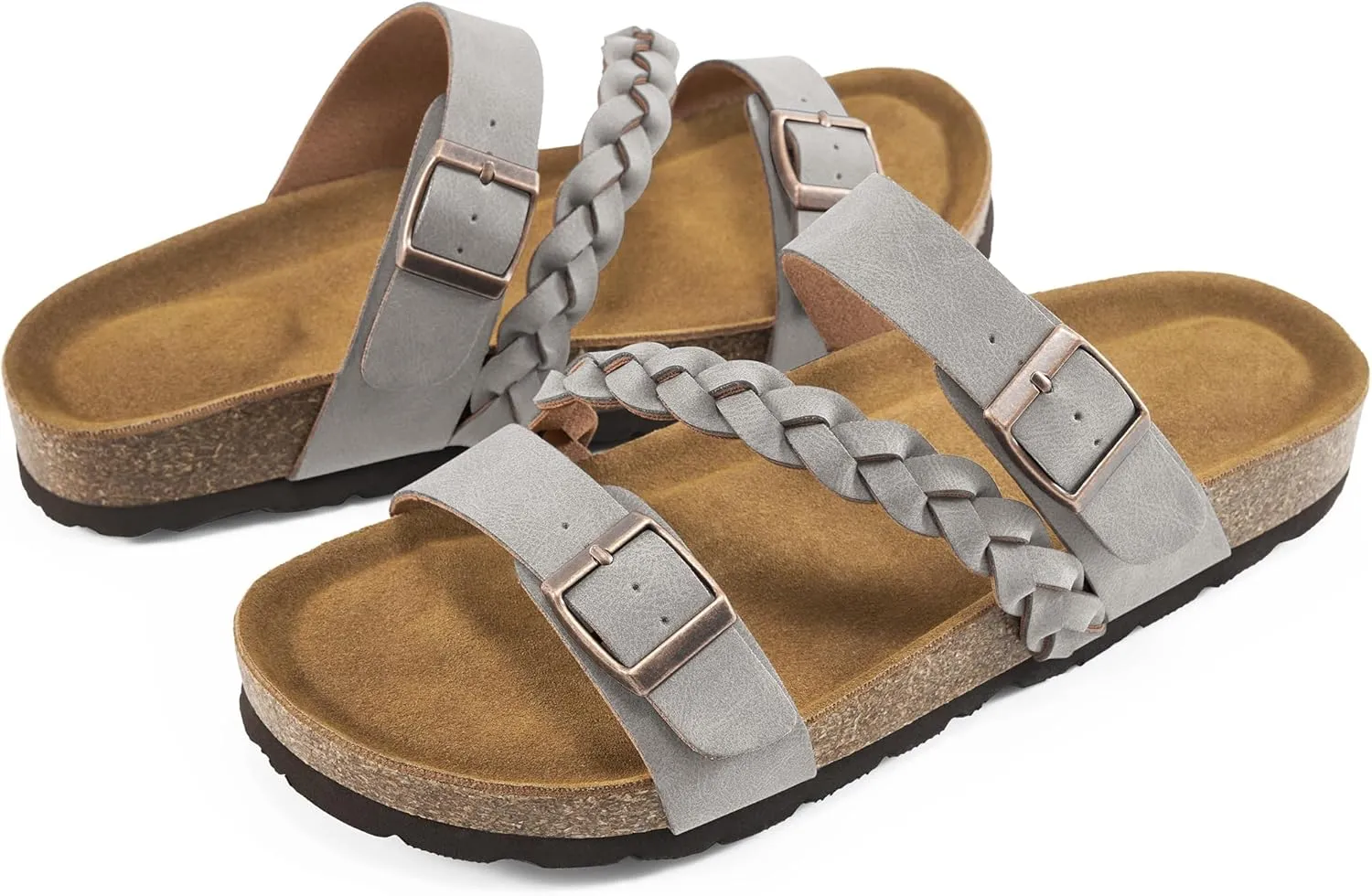 HARENCE Womens Flat Slides Sandals: Comfort Cork Footbed Slip On Slide Shoes Adjustable Buckle Open Toe Summer Outdoor Beach Sandal