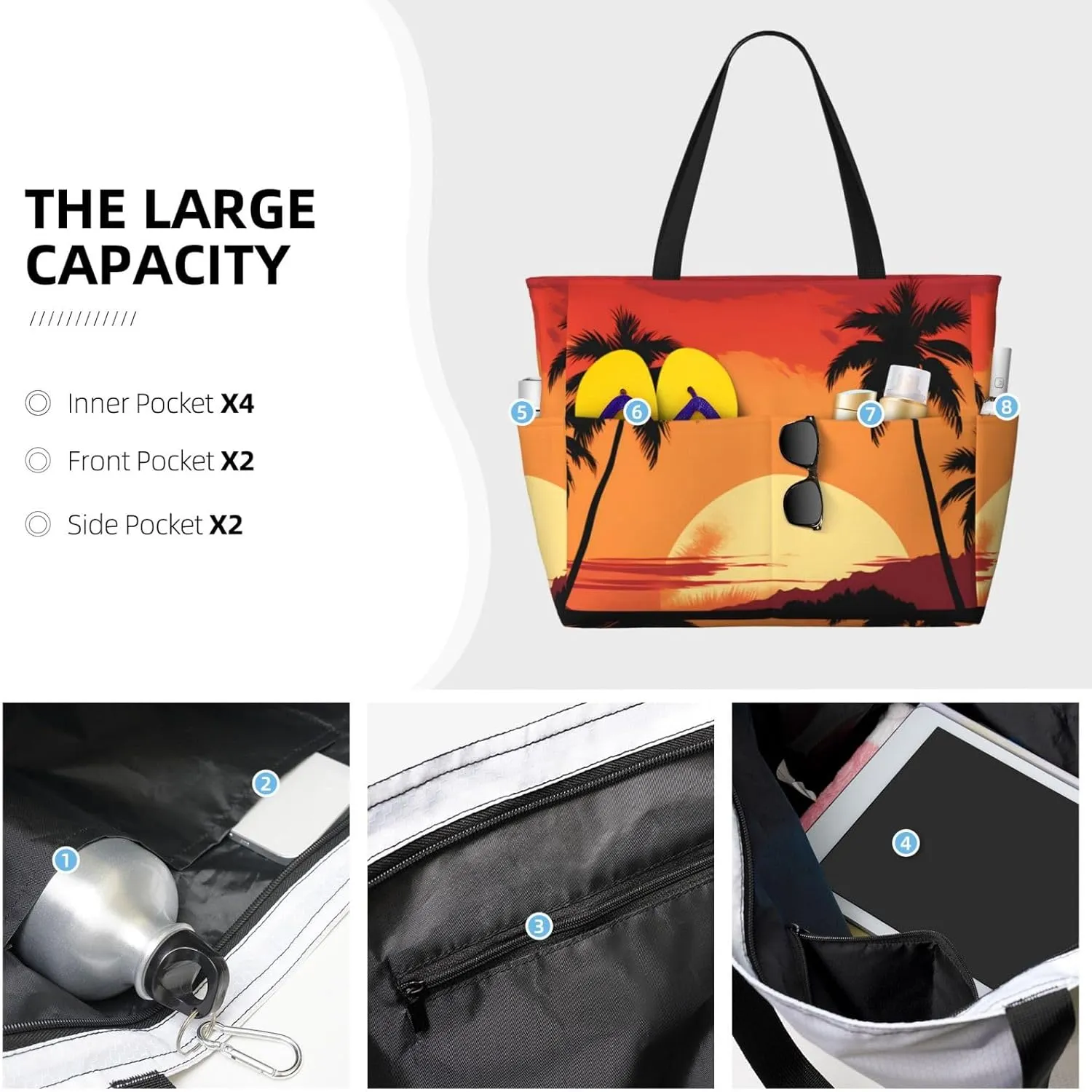 Hawaiian Print Large Beach Tote Bag Women Waterproof Sandproof Zipper Beach Tote Bag For Pool Gym Grocery Travel With Wet