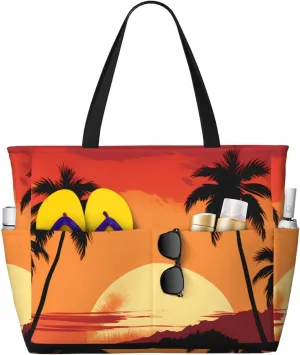 Hawaiian Print Large Beach Tote Bag Women Waterproof Sandproof Zipper Beach Tote Bag For Pool Gym Grocery Travel With Wet