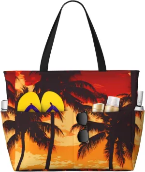 Hawaiian Print Large Beach Tote Bag Women Waterproof Sandproof Zipper Beach Tote Bag For Pool Gym Grocery Travel With Wet