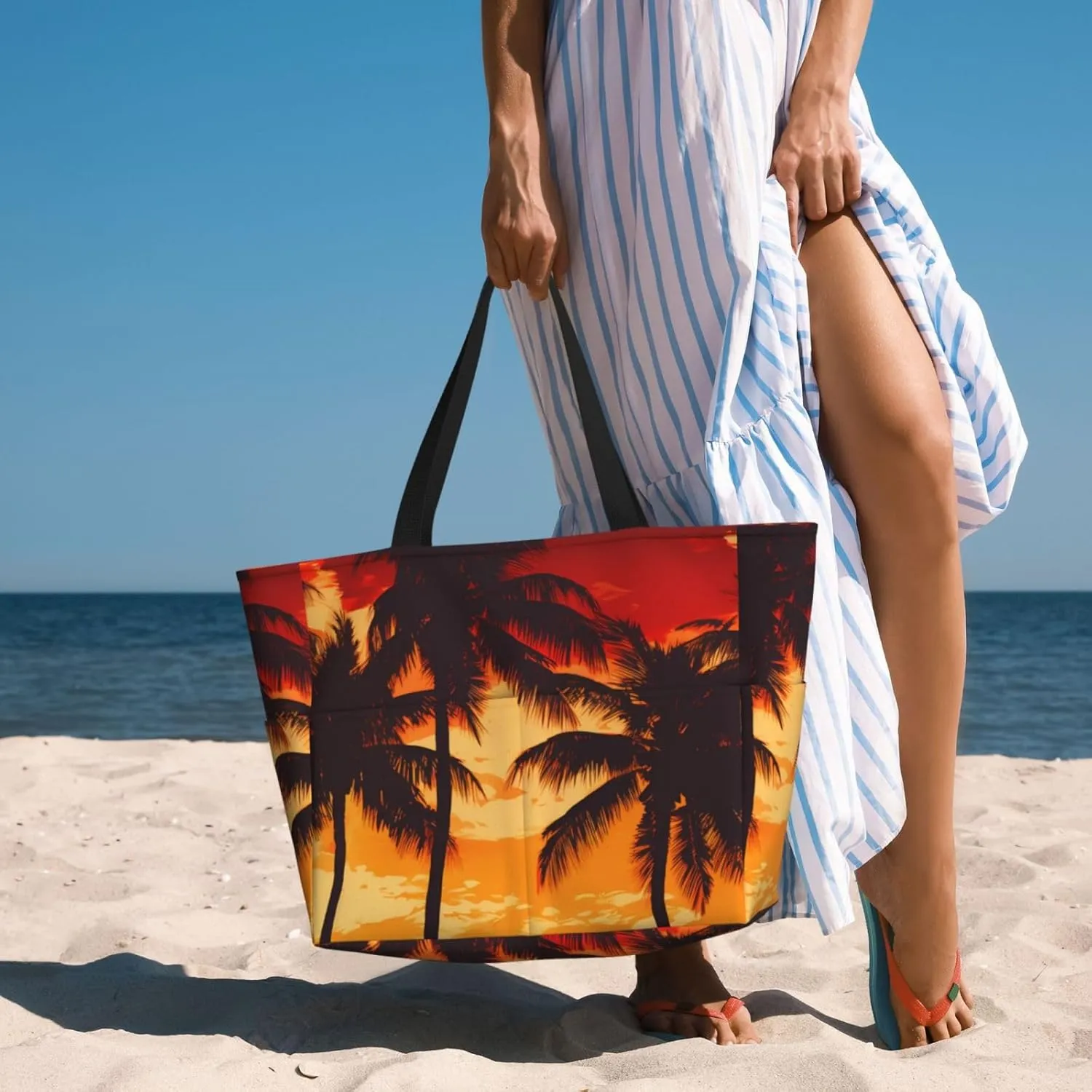 Hawaiian Print Large Beach Tote Bag Women Waterproof Sandproof Zipper Beach Tote Bag For Pool Gym Grocery Travel With Wet