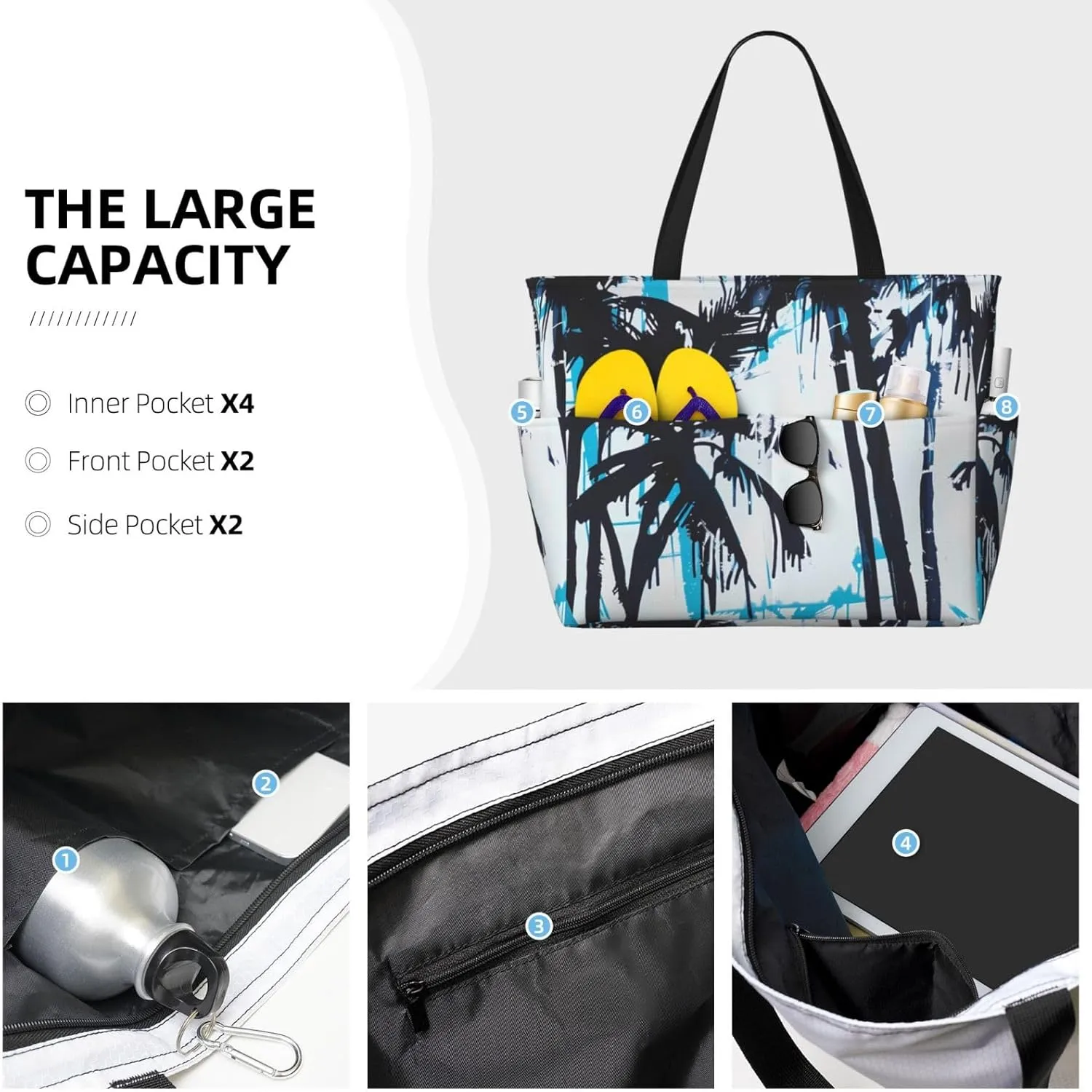 Hawaiian Print Large Beach Tote Bag Women Waterproof Sandproof Zipper Beach Tote Bag For Pool Gym Grocery Travel With Wet