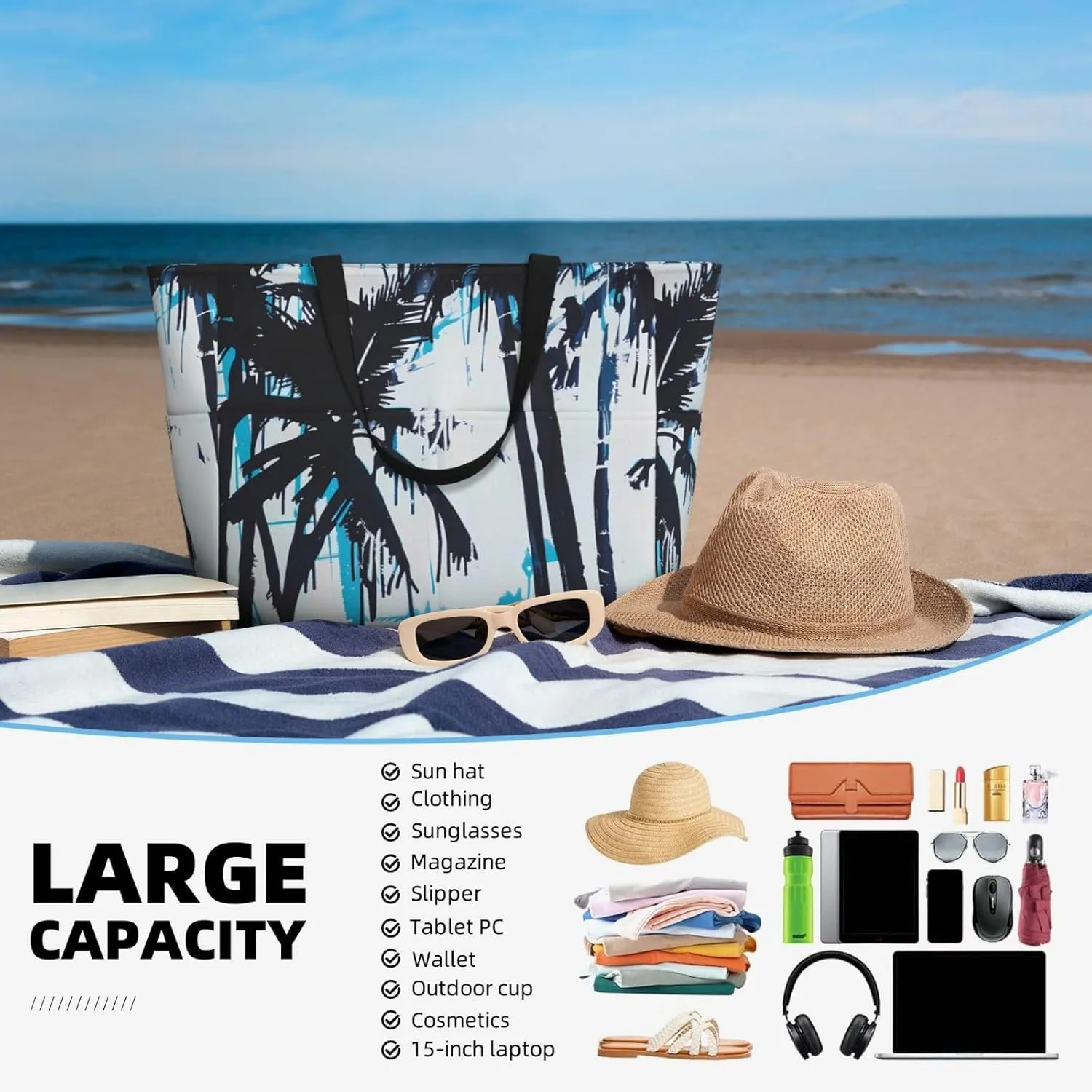 Hawaiian Print Large Beach Tote Bag Women Waterproof Sandproof Zipper Beach Tote Bag For Pool Gym Grocery Travel With Wet