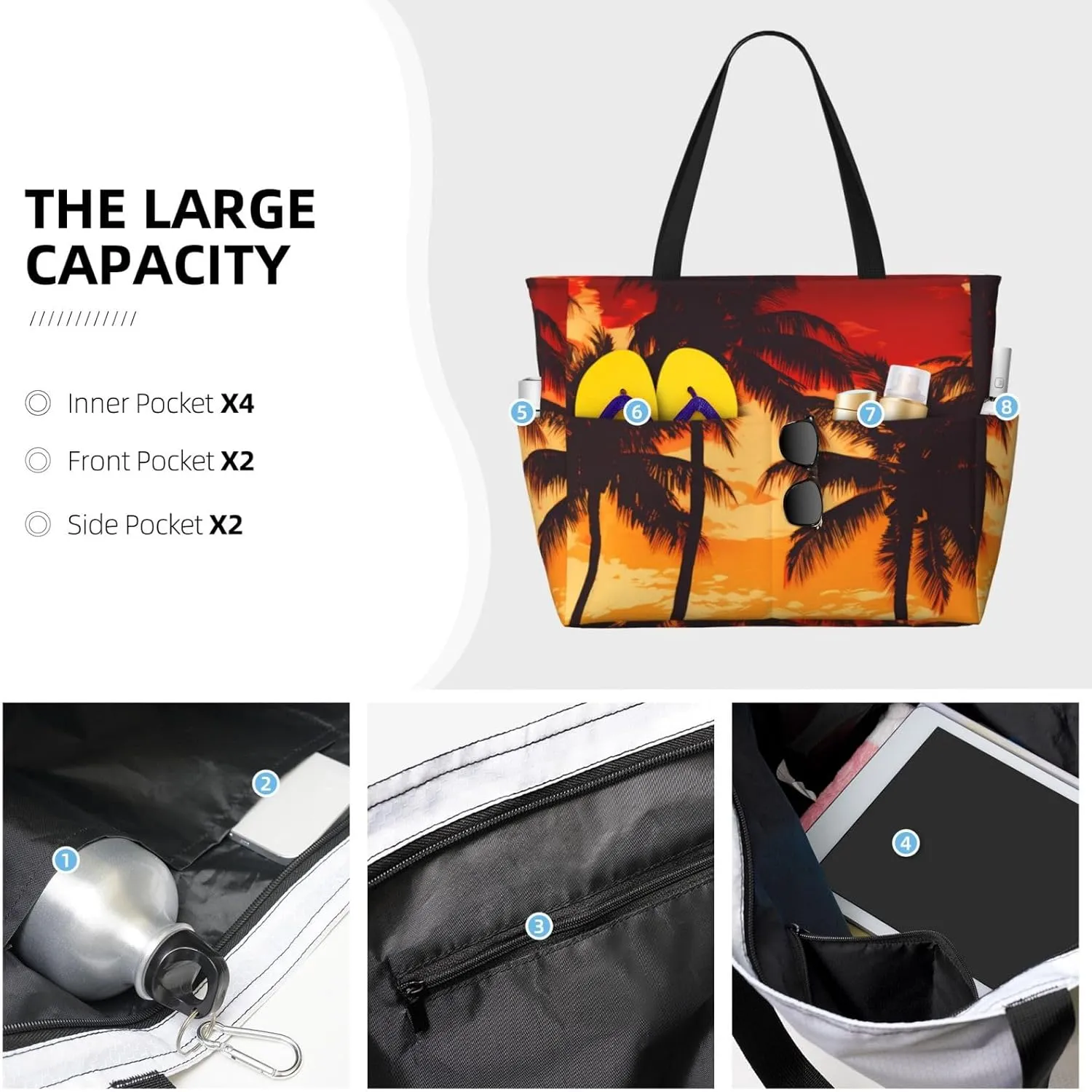Hawaiian Print Large Beach Tote Bag Women Waterproof Sandproof Zipper Beach Tote Bag For Pool Gym Grocery Travel With Wet