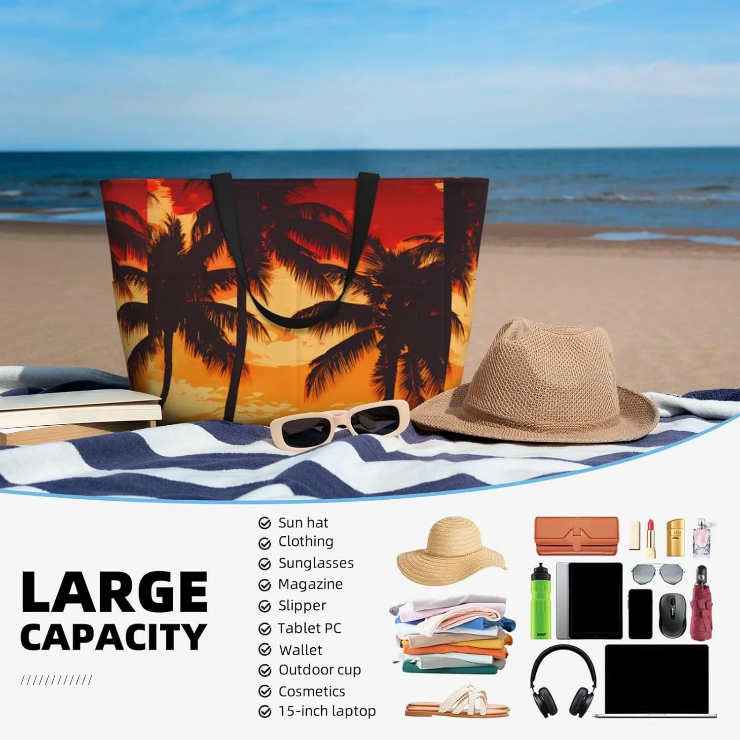 Hawaiian Print Large Beach Tote Bag Women Waterproof Sandproof Zipper Beach Tote Bag For Pool Gym Grocery Travel With Wet
