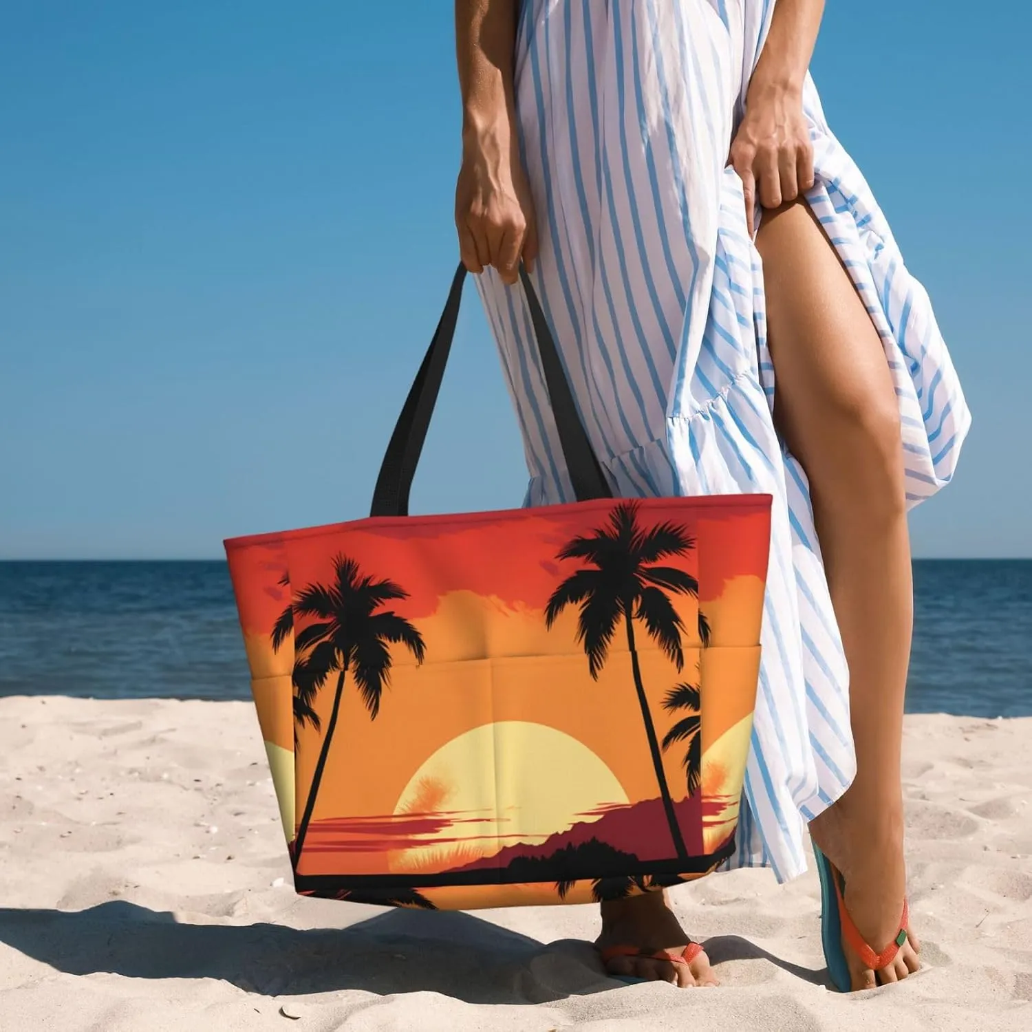 Hawaiian Print Large Beach Tote Bag Women Waterproof Sandproof Zipper Beach Tote Bag For Pool Gym Grocery Travel With Wet