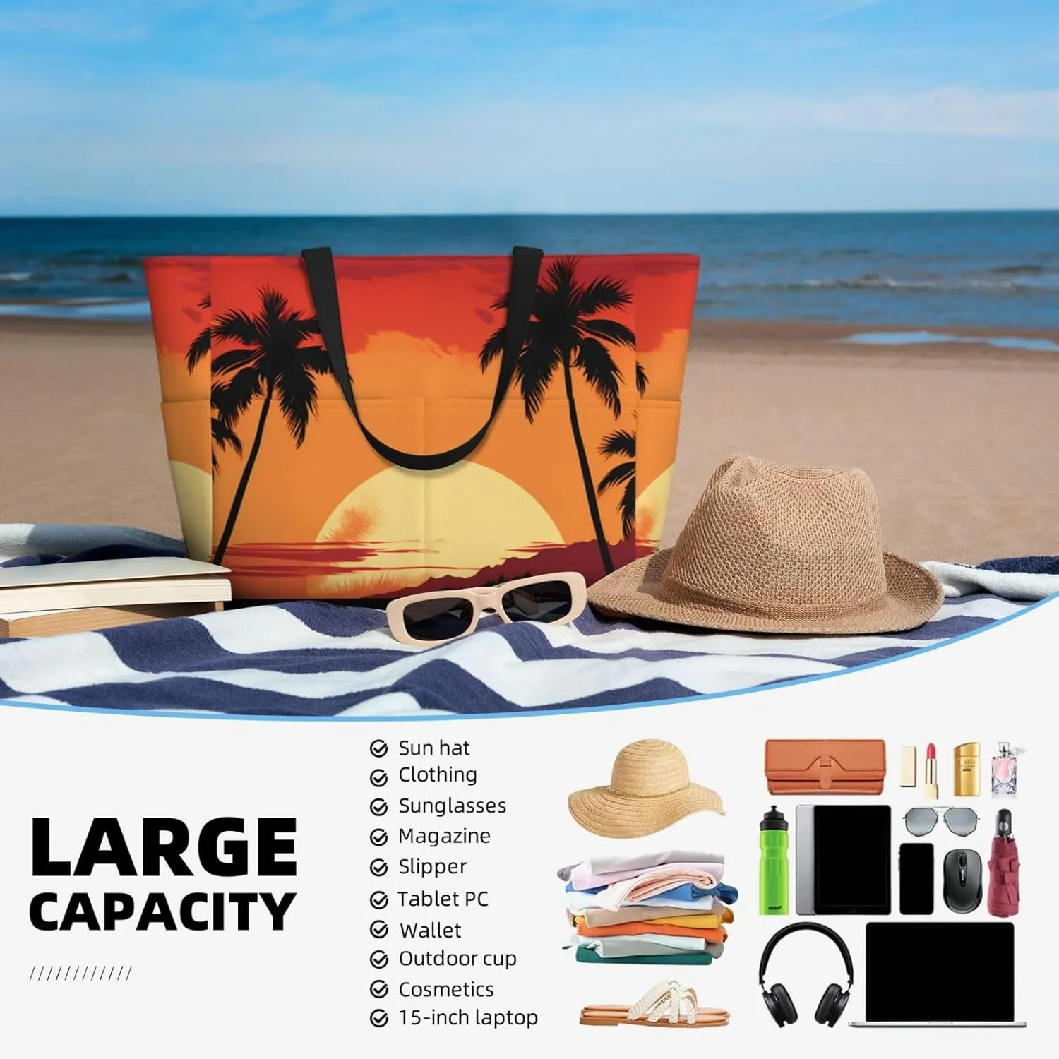 Hawaiian Print Large Beach Tote Bag Women Waterproof Sandproof Zipper Beach Tote Bag For Pool Gym Grocery Travel With Wet