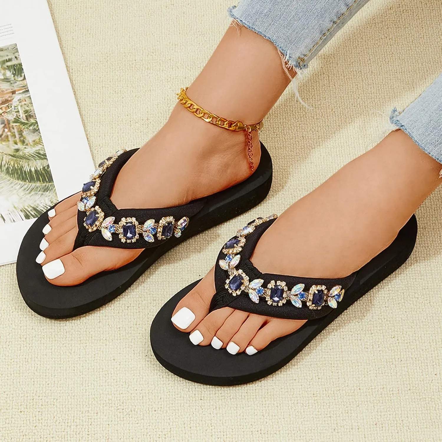 Hbeylia Flower Rhinestone Wedge Flipflops For Womens Trendy Summer Boho High Heel Platform Nonslip Beach Thong Sandals Crystal Jeweled Sandal Shoes for Summer Beach Oceanside Holiday Outdoor