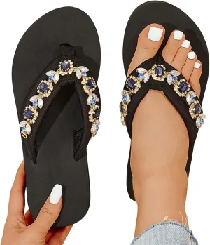 Hbeylia Flower Rhinestone Wedge Flipflops For Womens Trendy Summer Boho High Heel Platform Nonslip Beach Thong Sandals Crystal Jeweled Sandal Shoes for Summer Beach Oceanside Holiday Outdoor