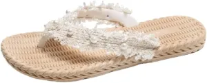 HBJWOV Slippers for Women Wearing Pearl Tassels on the Outside Flat Bottomed Clip on Sandals Non Slip Sandals