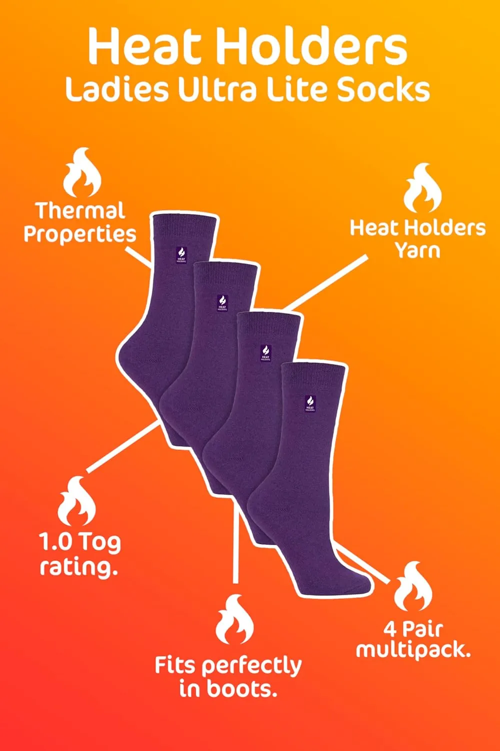 Heat Holders Ultra Lite - 4 Pairs Thermal Winter Socks for Women | Ultra Thin Warm Socks