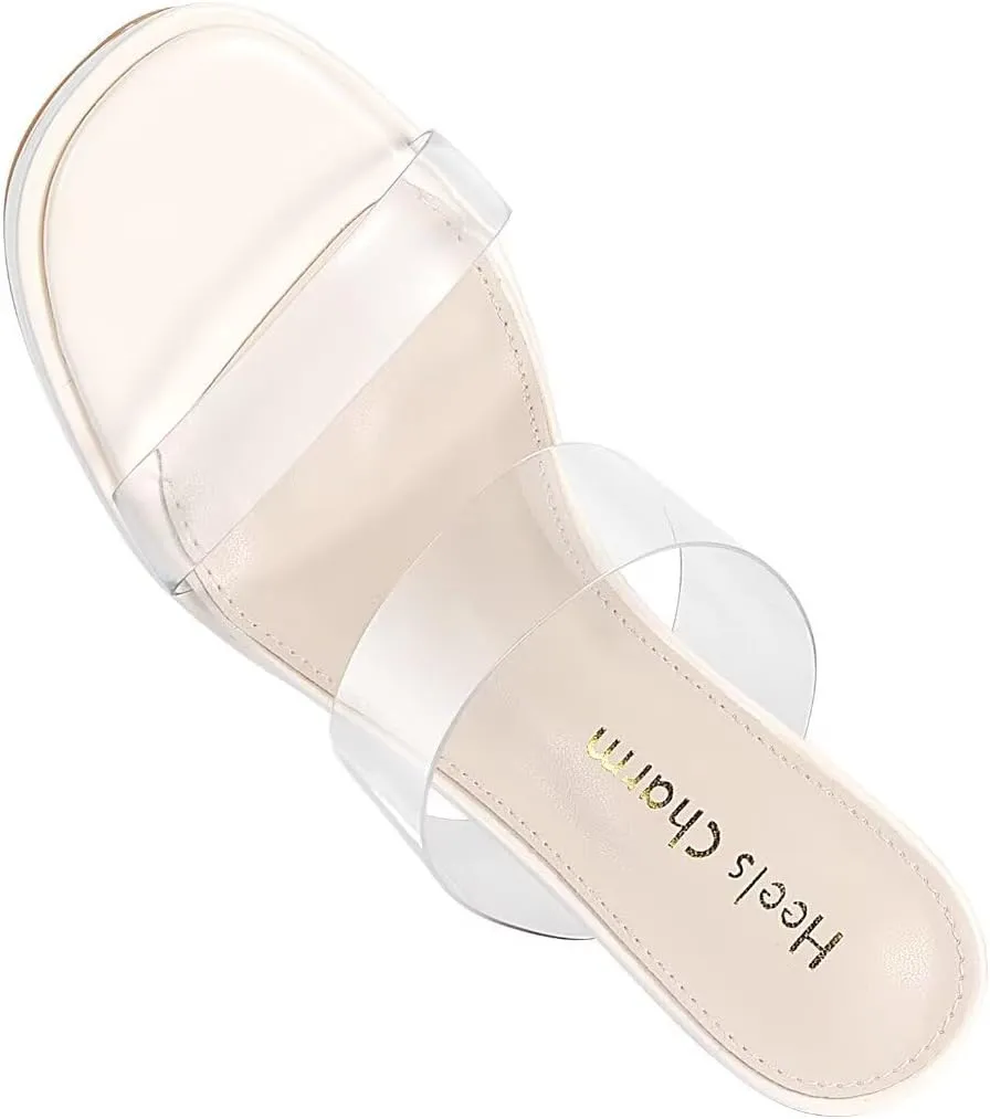 Heels Charm Women's Platform Heels Clear Chunky Block Heeled Sandals Open Toe Two Strap Slip On Block High Heel Sandal Dress Dancing Sandals Daily Work Party Shoes