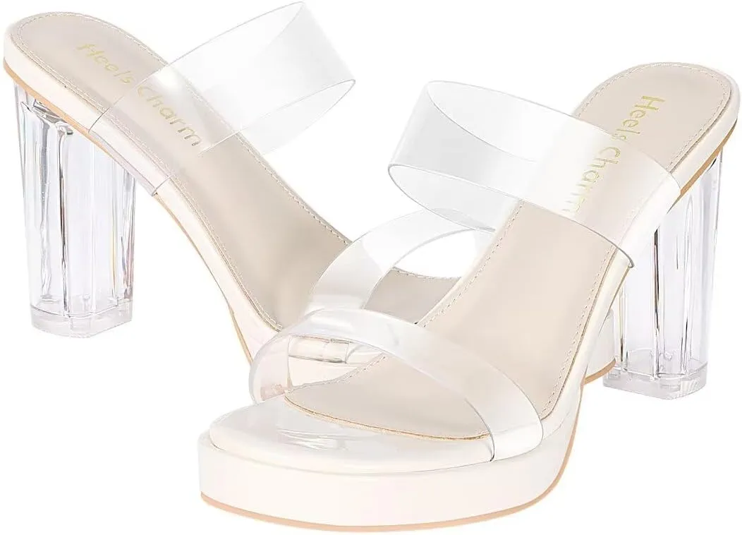 Heels Charm Women's Platform Heels Clear Chunky Block Heeled Sandals Open Toe Two Strap Slip On Block High Heel Sandal Dress Dancing Sandals Daily Work Party Shoes