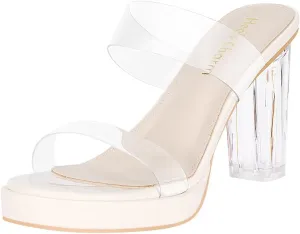 Heels Charm Women's Platform Heels Clear Chunky Block Heeled Sandals Open Toe Two Strap Slip On Block High Heel Sandal Dress Dancing Sandals Daily Work Party Shoes