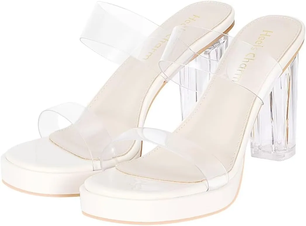 Heels Charm Women's Platform Heels Clear Chunky Block Heeled Sandals Open Toe Two Strap Slip On Block High Heel Sandal Dress Dancing Sandals Daily Work Party Shoes