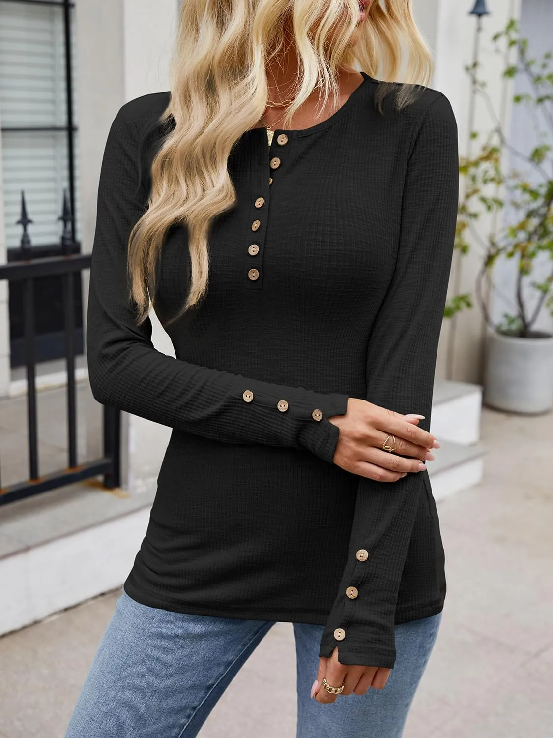 Henley Long Sleeve Shirts for Women, Crewneck Button Down Tops for Women Casual Basic Ribbed Knit Tee Shirts