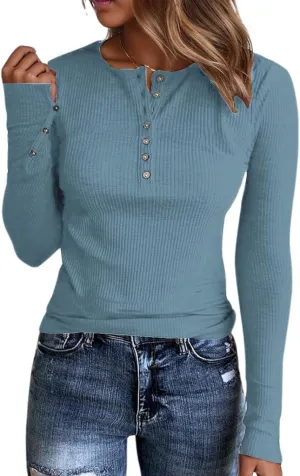 Henley Long Sleeve Shirts for Women, Crewneck Button Down Tops for Women Casual Basic Ribbed Knit Tee Shirts