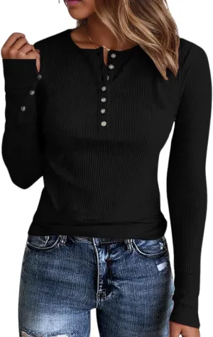 Henley Long Sleeve Shirts for Women, Crewneck Button Down Tops for Women Casual Basic Ribbed Knit Tee Shirts