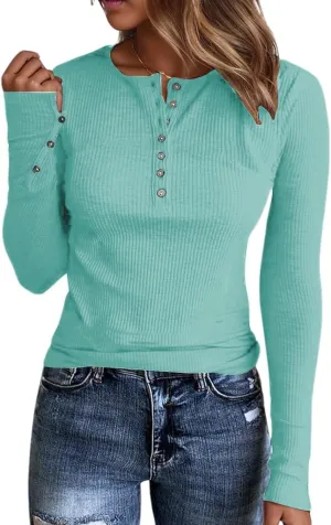 Henley Long Sleeve Shirts for Women, Crewneck Button Down Tops for Women Casual Basic Ribbed Knit Tee Shirts