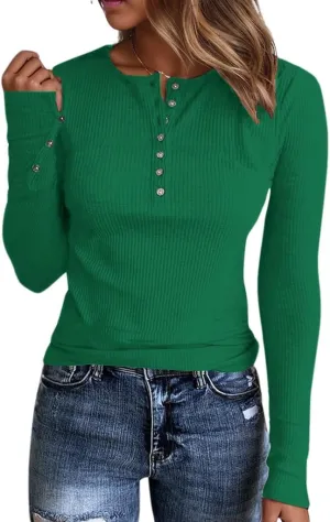 Henley Long Sleeve Shirts for Women, Crewneck Button Down Tops for Women Casual Basic Ribbed Knit Tee Shirts