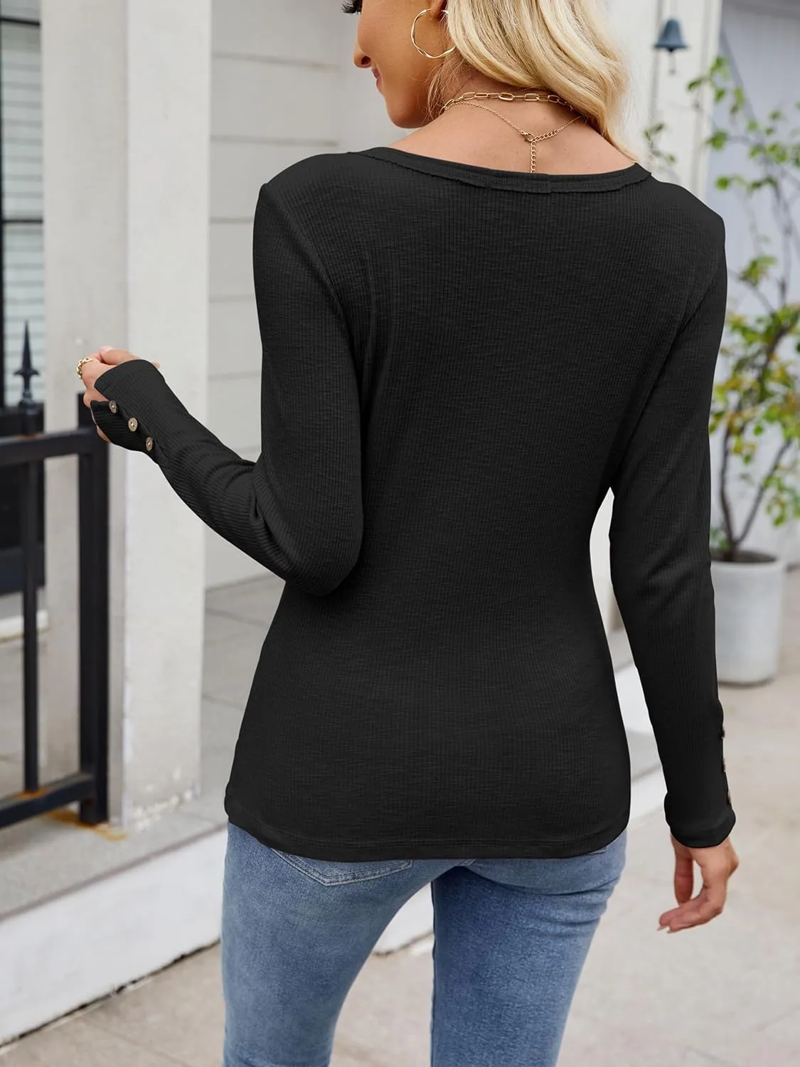 Henley Long Sleeve Shirts for Women, Crewneck Button Down Tops for Women Casual Basic Ribbed Knit Tee Shirts