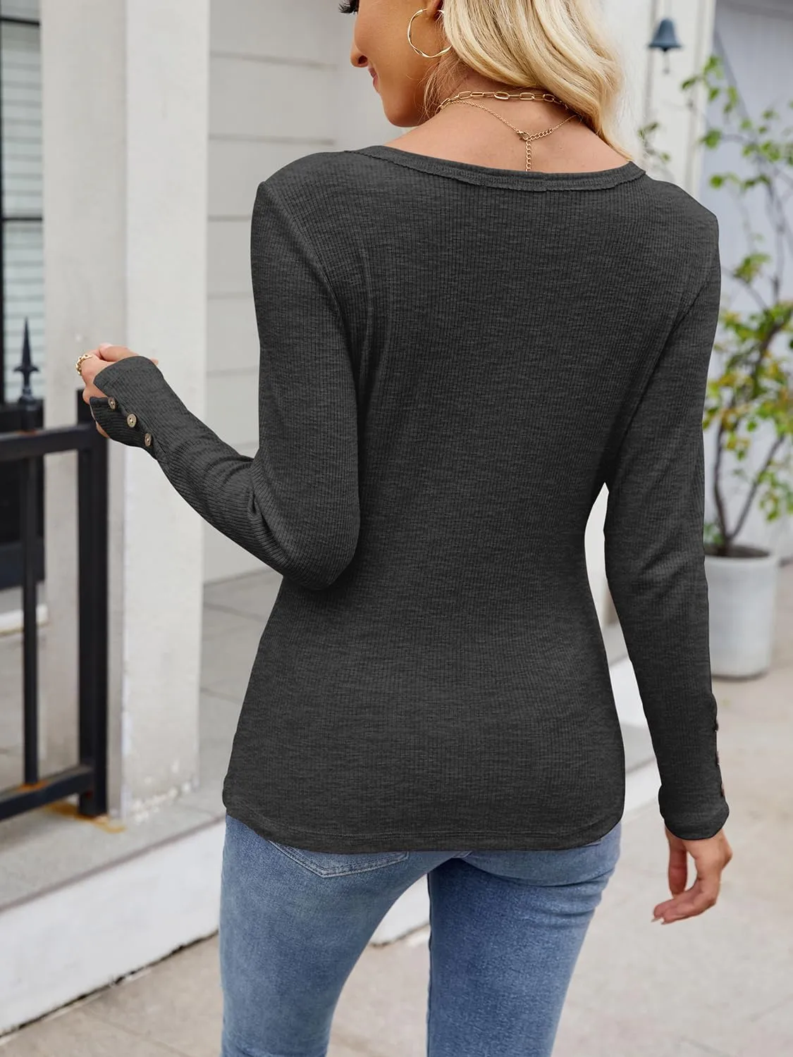 Henley Long Sleeve Shirts for Women, Crewneck Button Down Tops for Women Casual Basic Ribbed Knit Tee Shirts