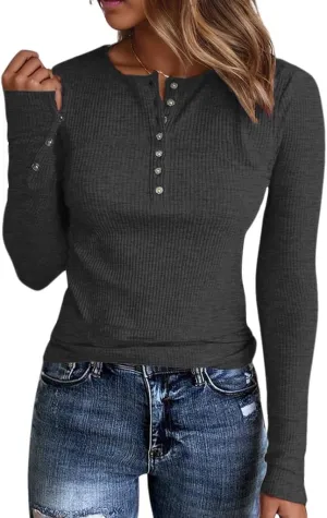 Henley Long Sleeve Shirts for Women, Crewneck Button Down Tops for Women Casual Basic Ribbed Knit Tee Shirts
