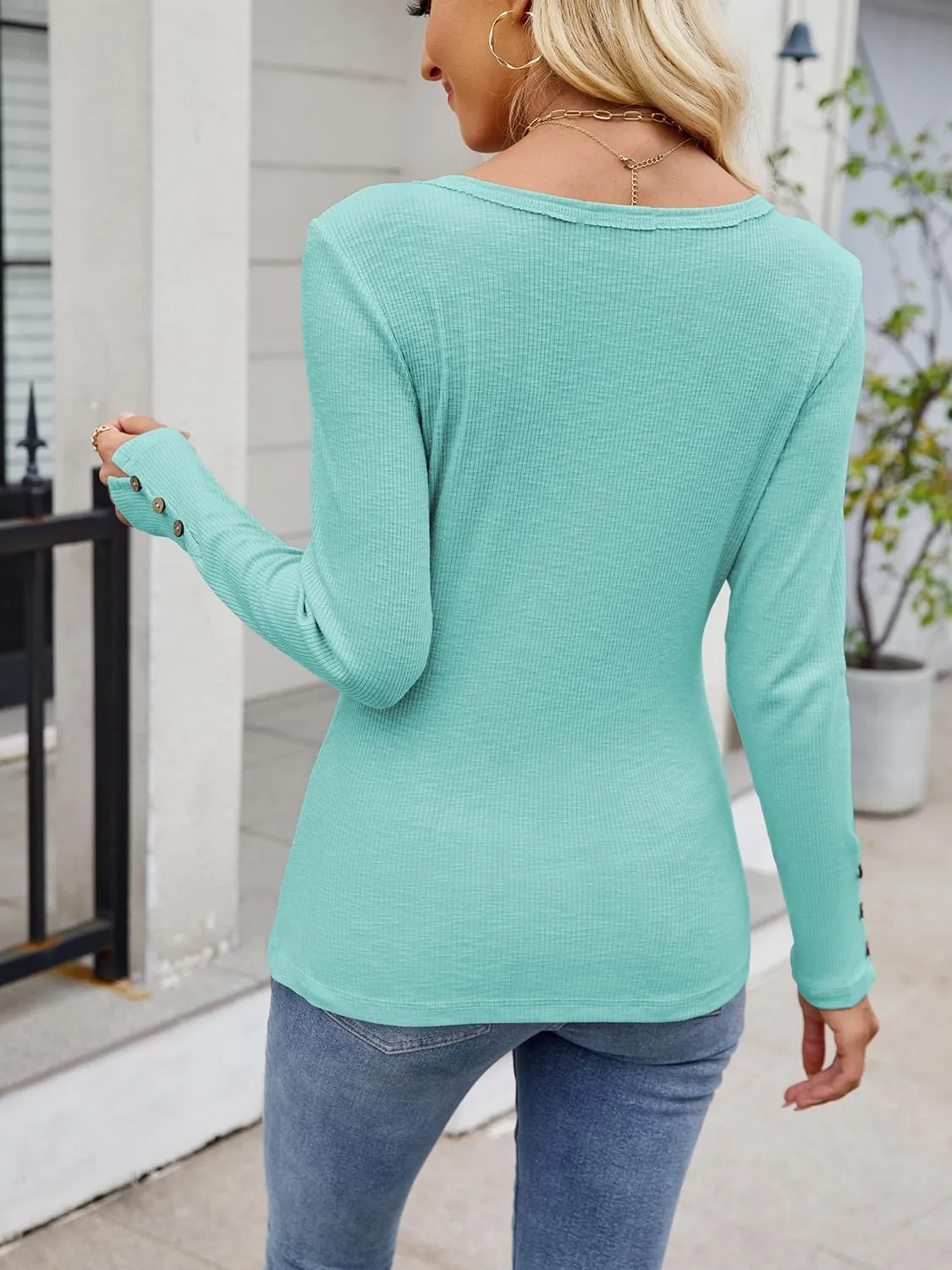 Henley Long Sleeve Shirts for Women, Crewneck Button Down Tops for Women Casual Basic Ribbed Knit Tee Shirts
