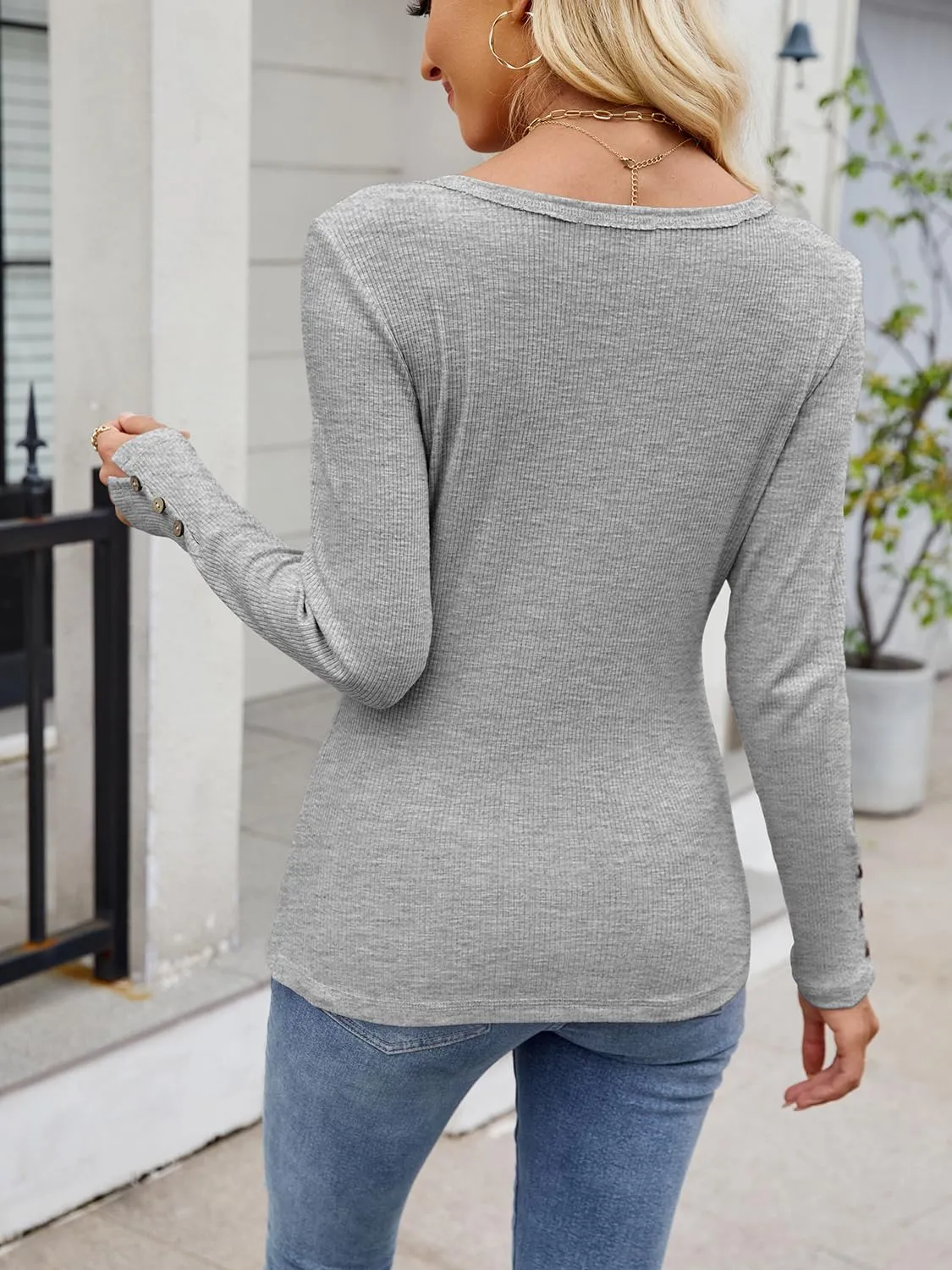 Henley Long Sleeve Shirts for Women, Crewneck Button Down Tops for Women Casual Basic Ribbed Knit Tee Shirts