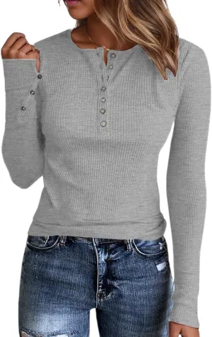 Henley Long Sleeve Shirts for Women, Crewneck Button Down Tops for Women Casual Basic Ribbed Knit Tee Shirts