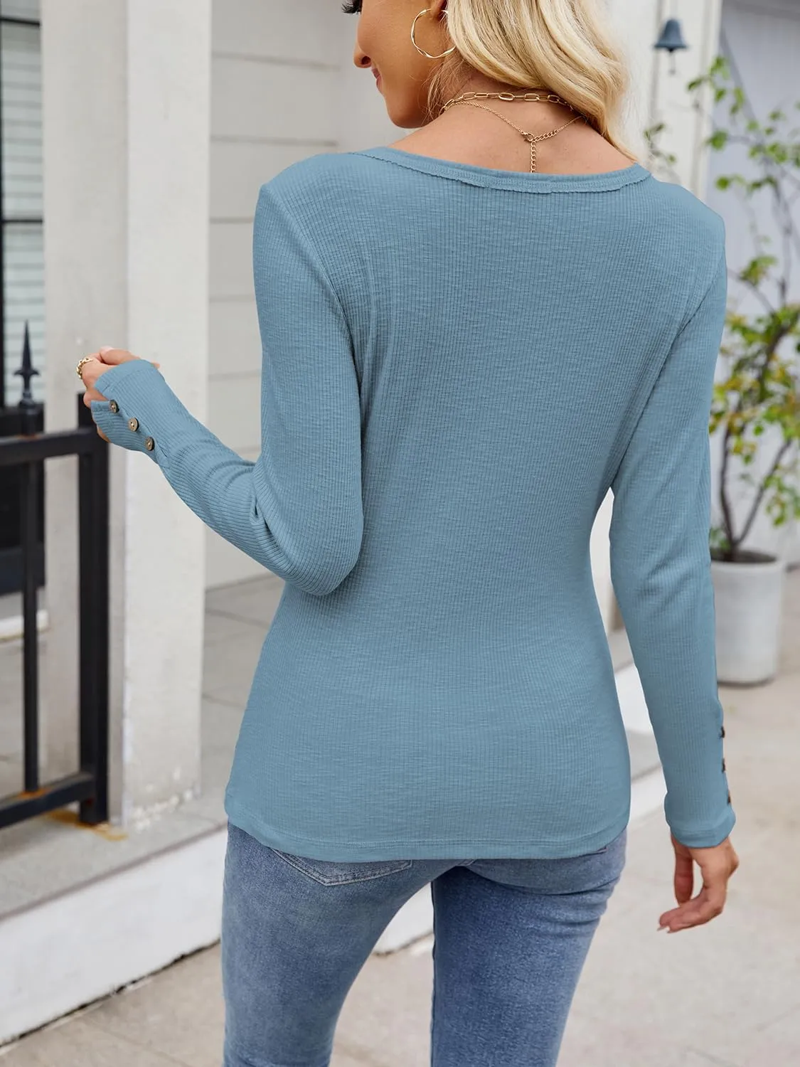Henley Long Sleeve Shirts for Women, Crewneck Button Down Tops for Women Casual Basic Ribbed Knit Tee Shirts