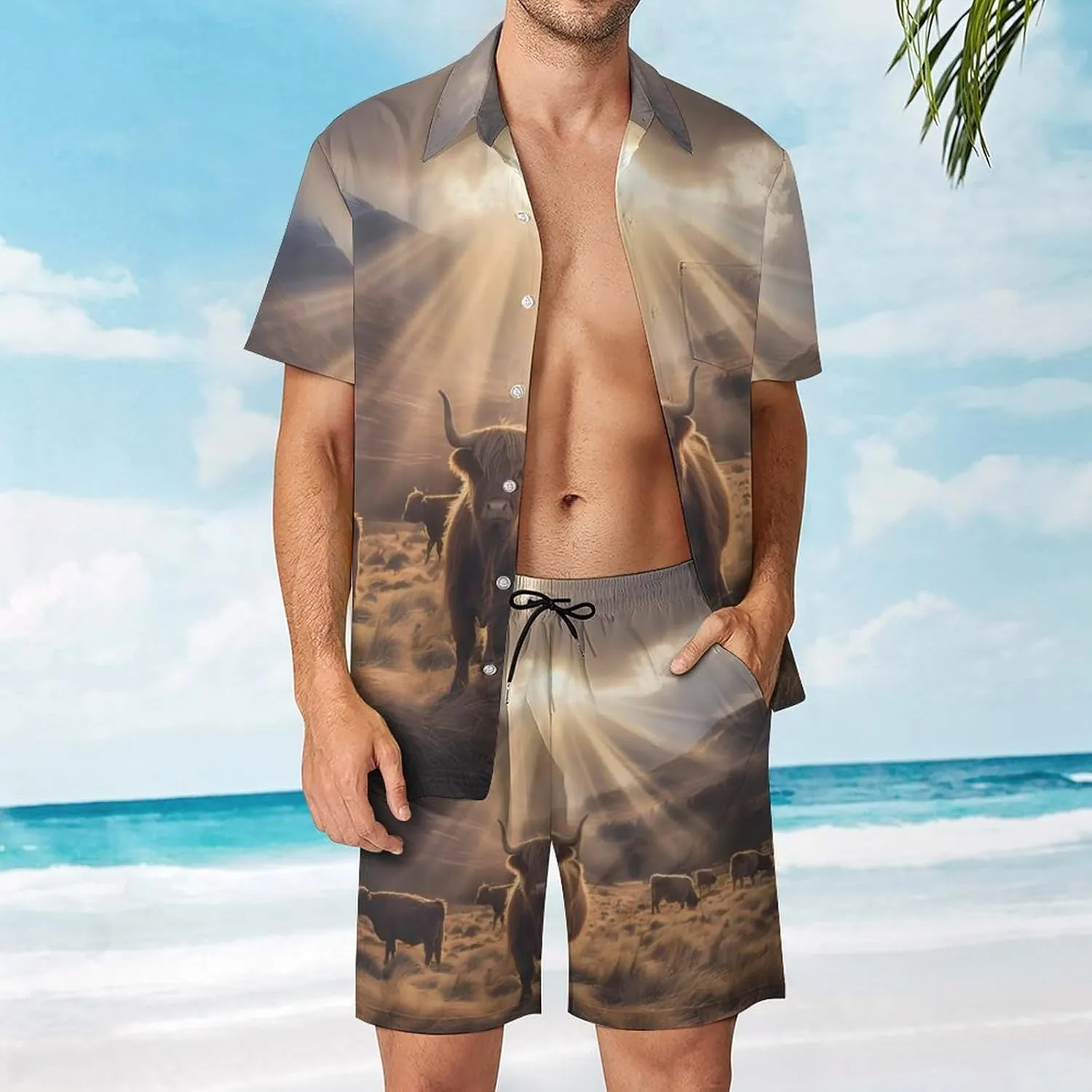 Highland Cow Men's Hawaiian Set Casual Short Sleeve Shirt And Shorts Suits Outfits Beach Shirt 2 Piece