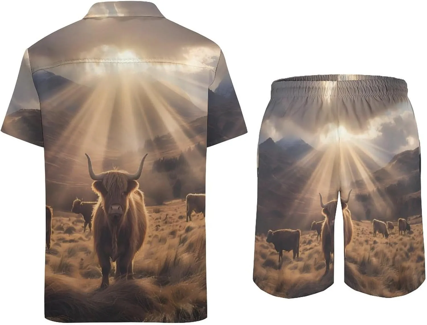 Highland Cow Men's Hawaiian Set Casual Short Sleeve Shirt And Shorts Suits Outfits Beach Shirt 2 Piece