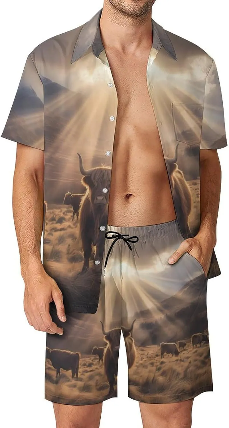 Highland Cow Men's Hawaiian Set Casual Short Sleeve Shirt And Shorts Suits Outfits Beach Shirt 2 Piece