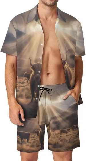 Highland Cow Men's Hawaiian Set Casual Short Sleeve Shirt And Shorts Suits Outfits Beach Shirt 2 Piece