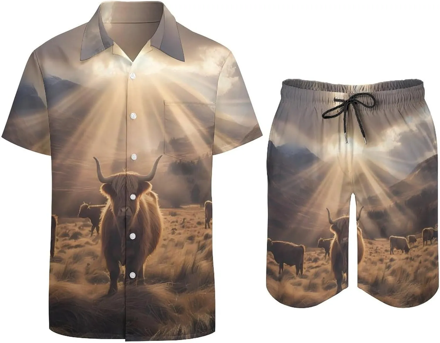 Highland Cow Men's Hawaiian Set Casual Short Sleeve Shirt And Shorts Suits Outfits Beach Shirt 2 Piece